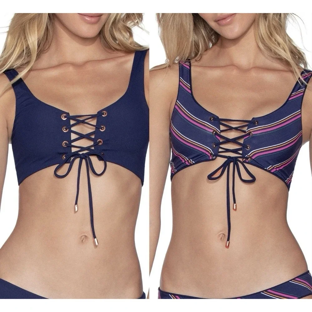 Maaji Dazzling Rib 4-Way Reversible Bikini Top Striped Size Small Lace Up
